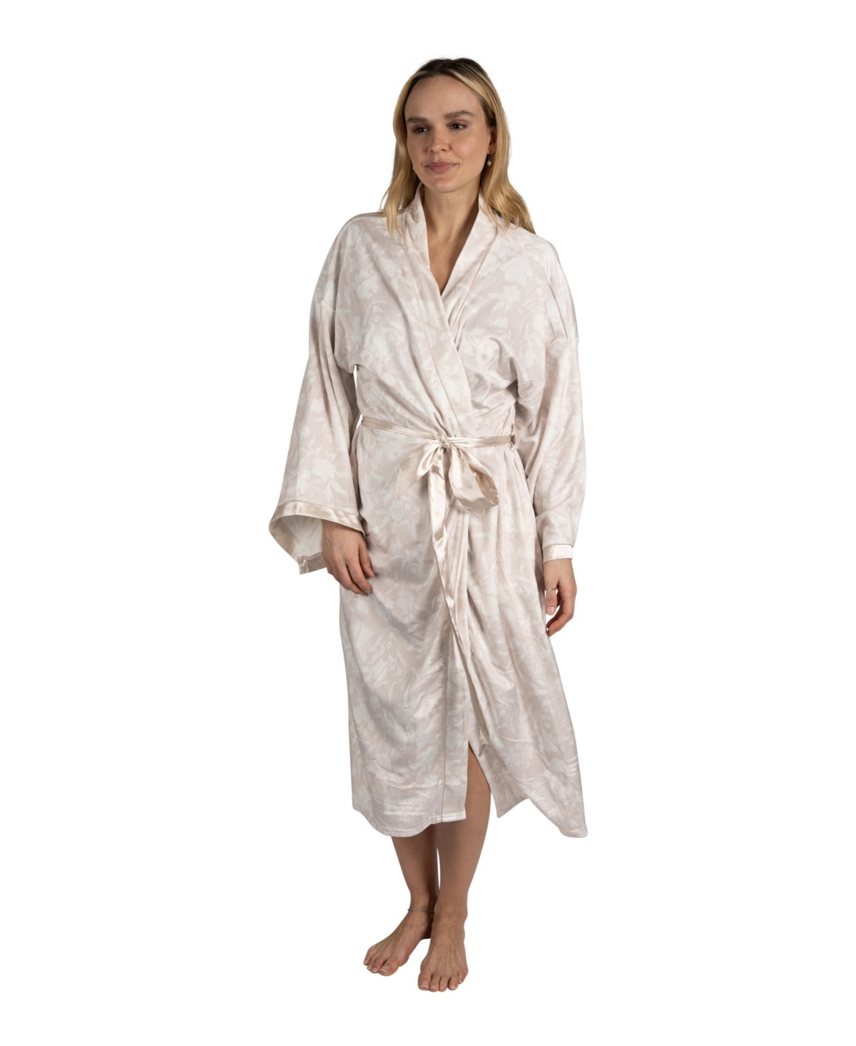 Women's Velour Kimono Robe with Flowy Bell Sleeves with Satin Trim and Tie Front - Ivory flowers
