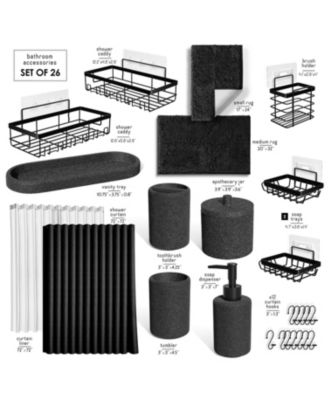 Complete Burlap-Texture Polyresin Bathroom Decor & Accessory Set with Shower Curtain, Shower Caddy Set & Bath Rugs