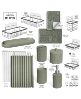 Complete Burlap-Texture Polyresin Bathroom Decor & Accessory Set with Shower Curtain, Shower Caddy Set & Bath Rugs