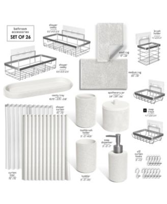 Complete Burlap-Texture Polyresin Bathroom Decor & Accessory Set with Shower Curtain, Shower Caddy Set & Bath Rugs