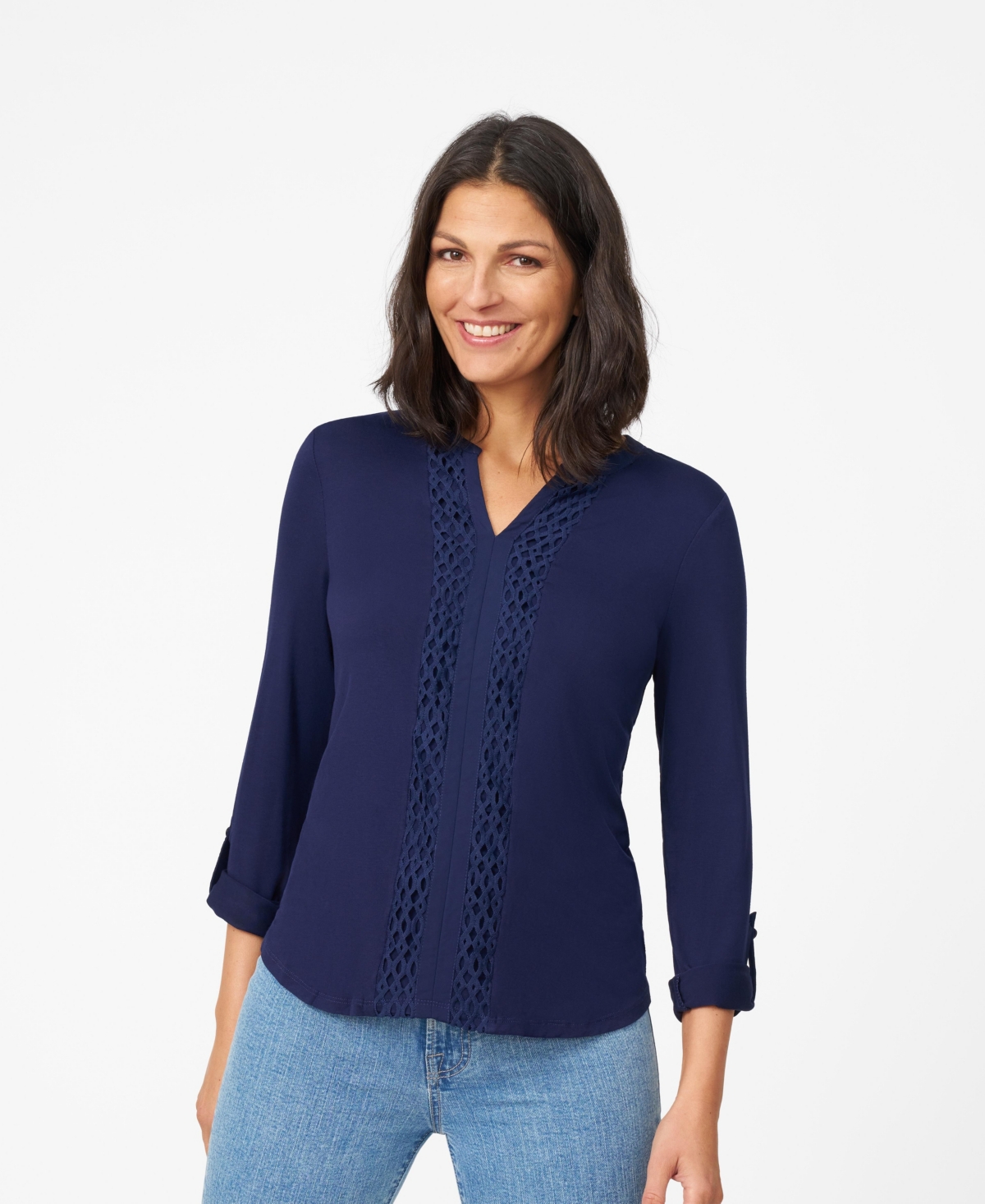 Women's Lace Trim Henley Top - Angelfish blue
