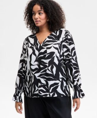 I.N.C. International Concepts - Plus Size Leaf-Print Bell-Sleeve Top