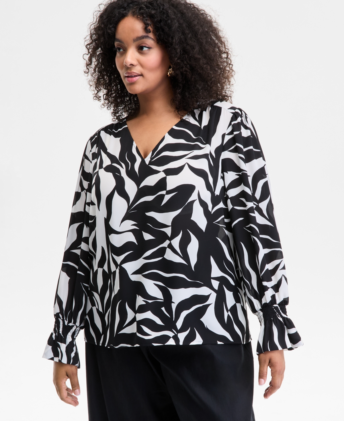 Inc International Concepts Plus Size Leaf-print Bell-sleeve Top, Exclusively At Macy's