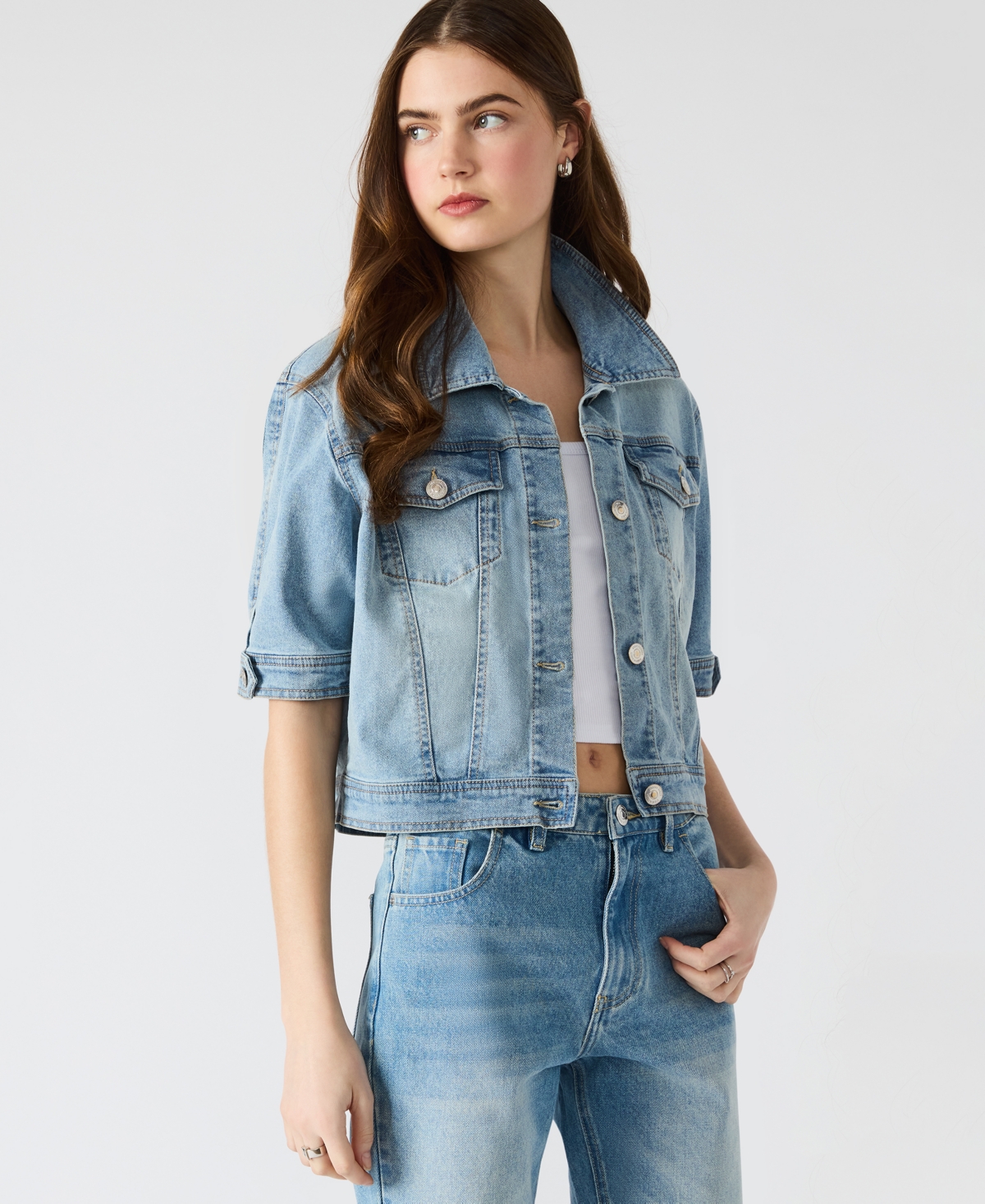 Steve Madden Blu Elbow Sleeve Denim Trucker Jacket In Blue