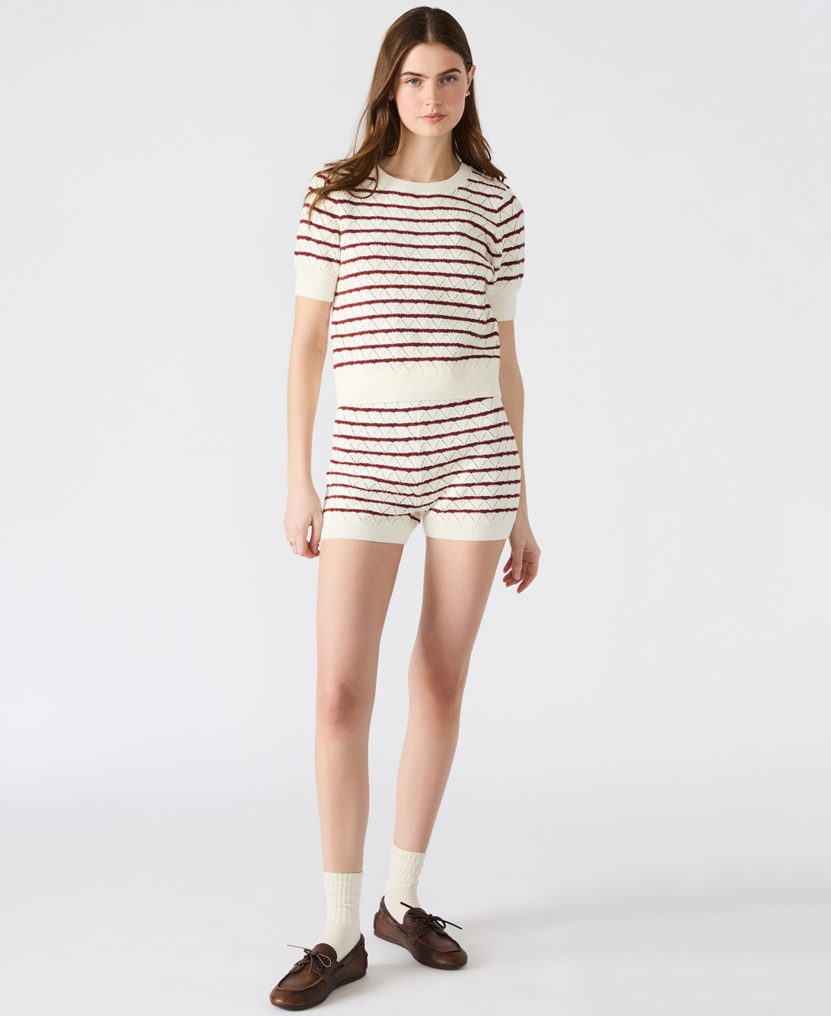 Steve Madden Women's Norris Striped Pointelle Short-sleeve Sweater