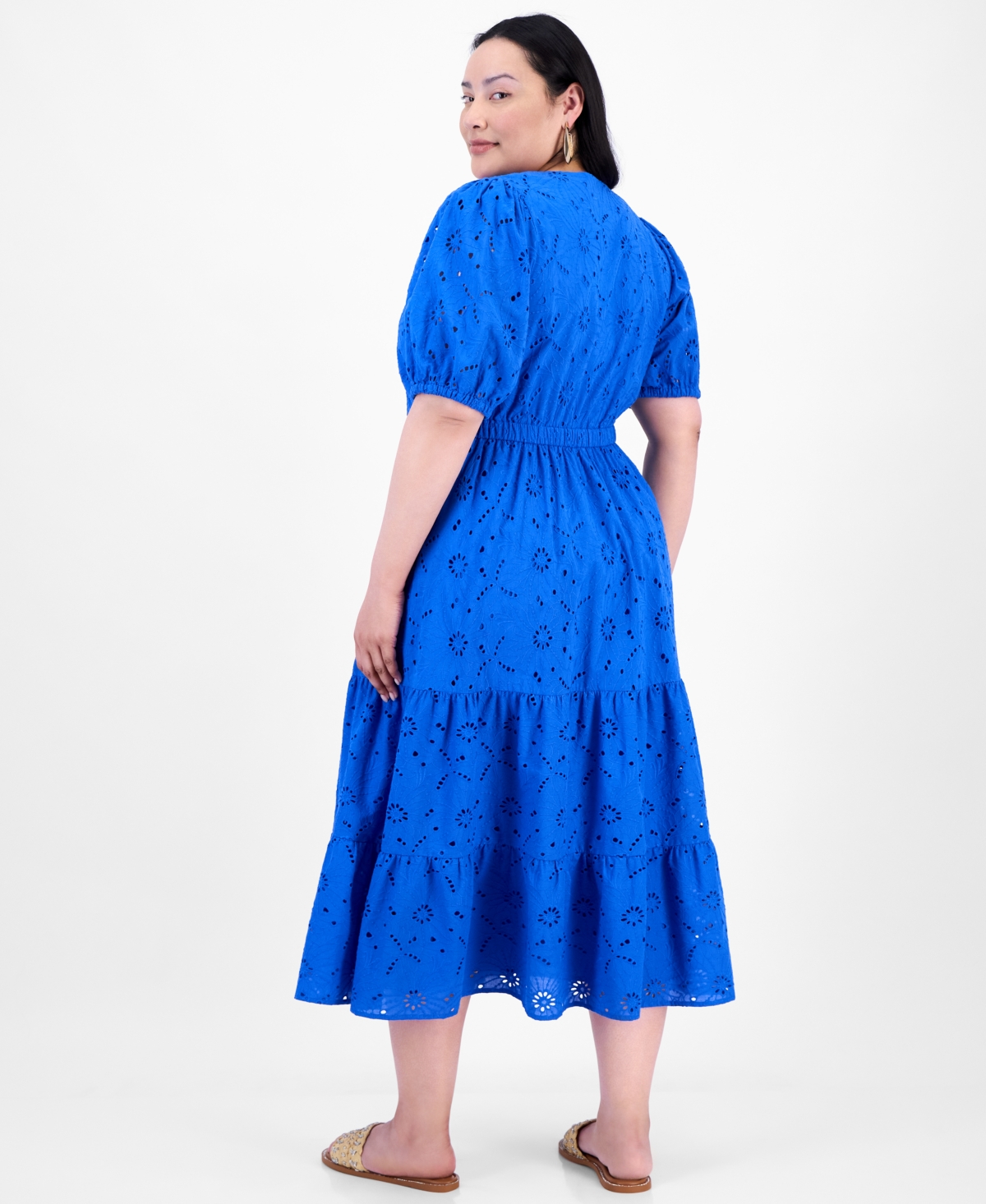 Inc International Concepts Plus Size Cotton Eyelet Twist-front Tiered Dress, Exclusively At Macy's