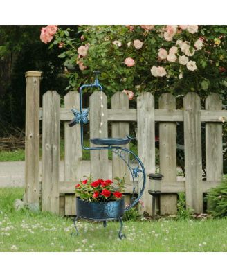 Vintage Metal Garden Bird Bath with Solar Lamp and Flower Planter Pedestal Standing Bird Feeder