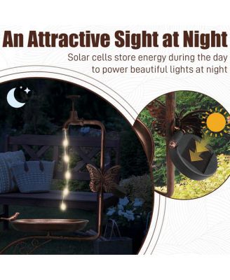 Vintage Metal Garden Bird Bath with Solar Lamp and Flower Planter Pedestal Standing Bird Feeder