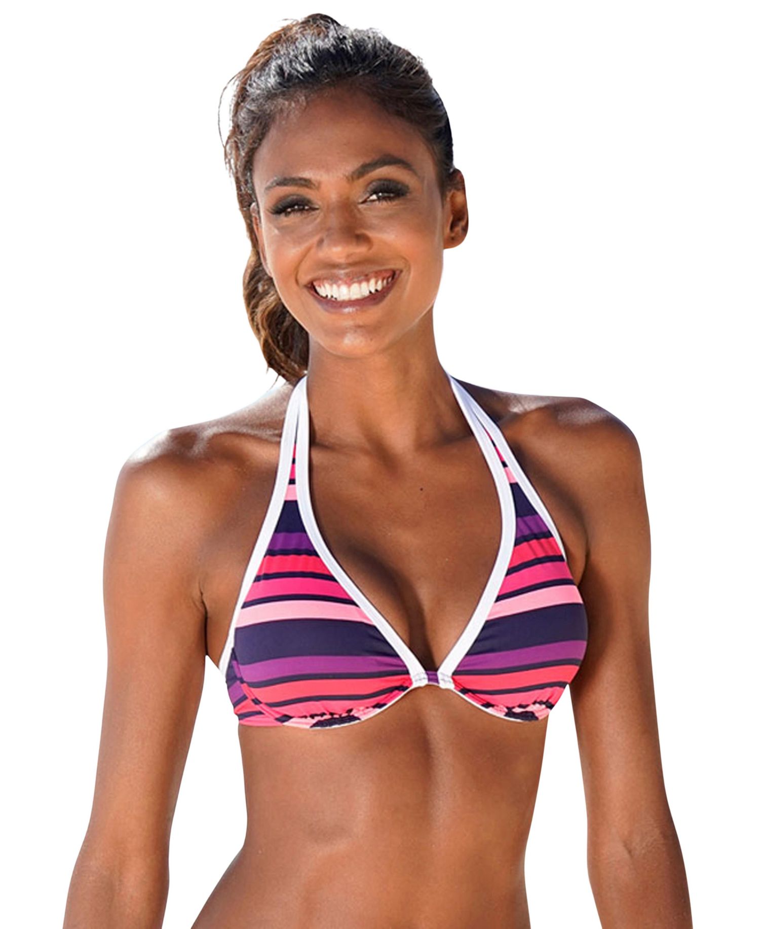 Women's Striped Removable Pads Halter-Neck Underwire Bikini Top