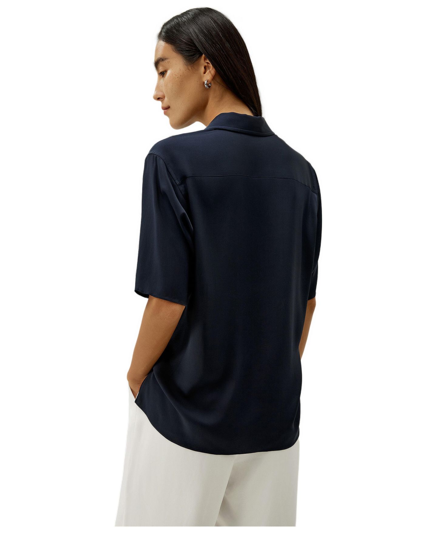 Женская рубашка LILYSILK Half-Placket Short Sleeve Button Up Streachy Silk, цвет: Полуночный синий — фото 3