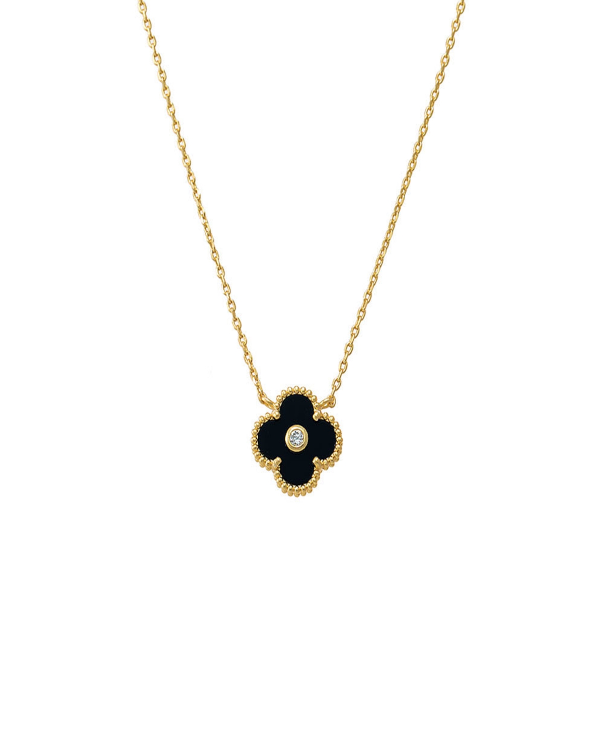 Cubic Zirconia Bezel Colored Stone Clover Pendant Necklace - Black
