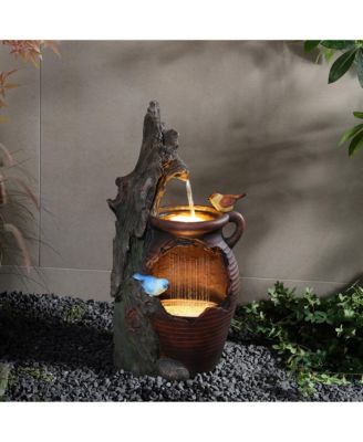 Rain Barrel with Tree and Birds 2.5-Feet Tall Outdoor Polyresin Fountains with Light