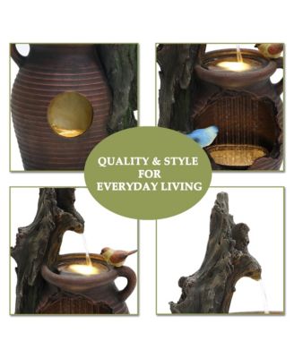 Rain Barrel with Tree and Birds 2.5-Feet Tall Outdoor Polyresin Fountains with Light