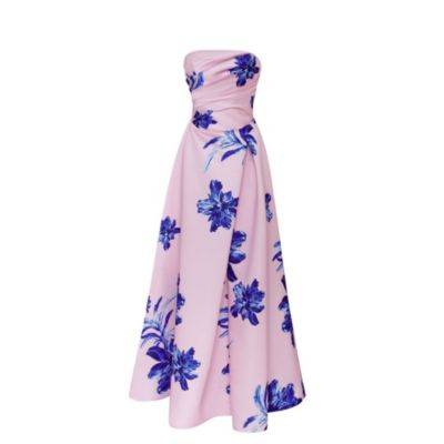 Women's Dainty pink A-line maxi dress with blue-flowered pattern