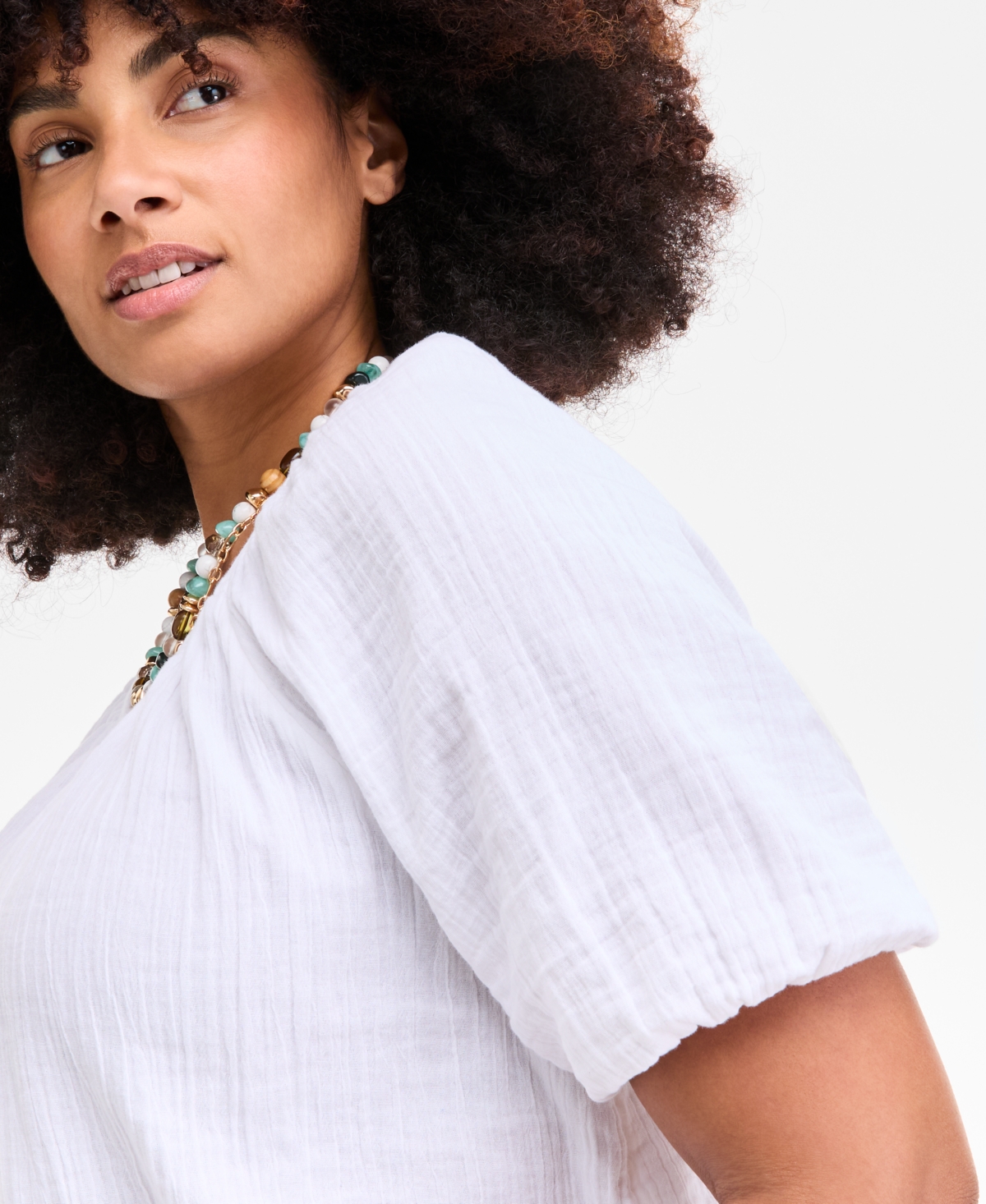On 34th Plus Size Cotton Gauze Scoop-neck Puff-sleeve Top, Exclusively At Macy's