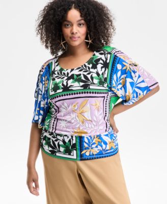 I.N.C. International Concepts - Plus Size Mixed-Print Side-Ruched Top
