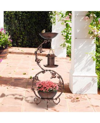 Bird Bath and Solar Bird Feeders Combo with Flower Planter Pedestal