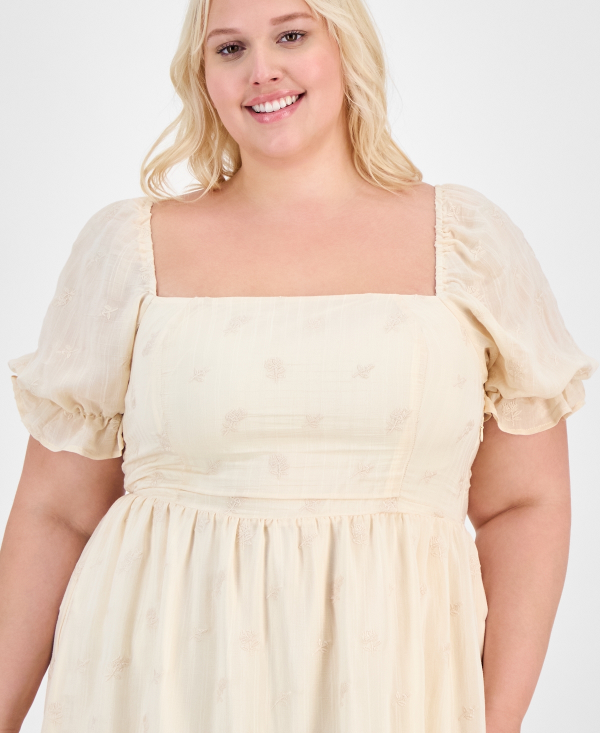 And Now This Trendy Plus Puff-sleeve Lace-trim Midi Dress, Exclusively At Macy's In Beige