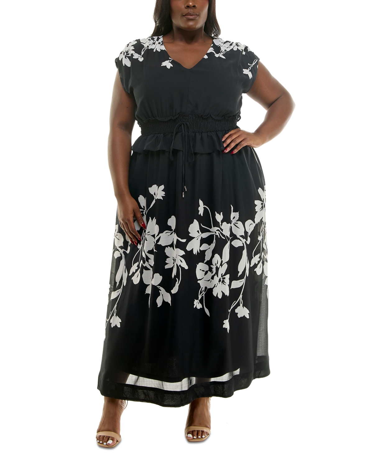 Plus Size Printed V-Neck Smocked-Waist Maxi Dress - Black Irish