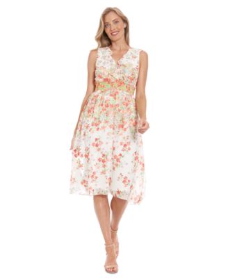 London Times - Women's V-Neck Sleeveless Smocked-Waist Dress