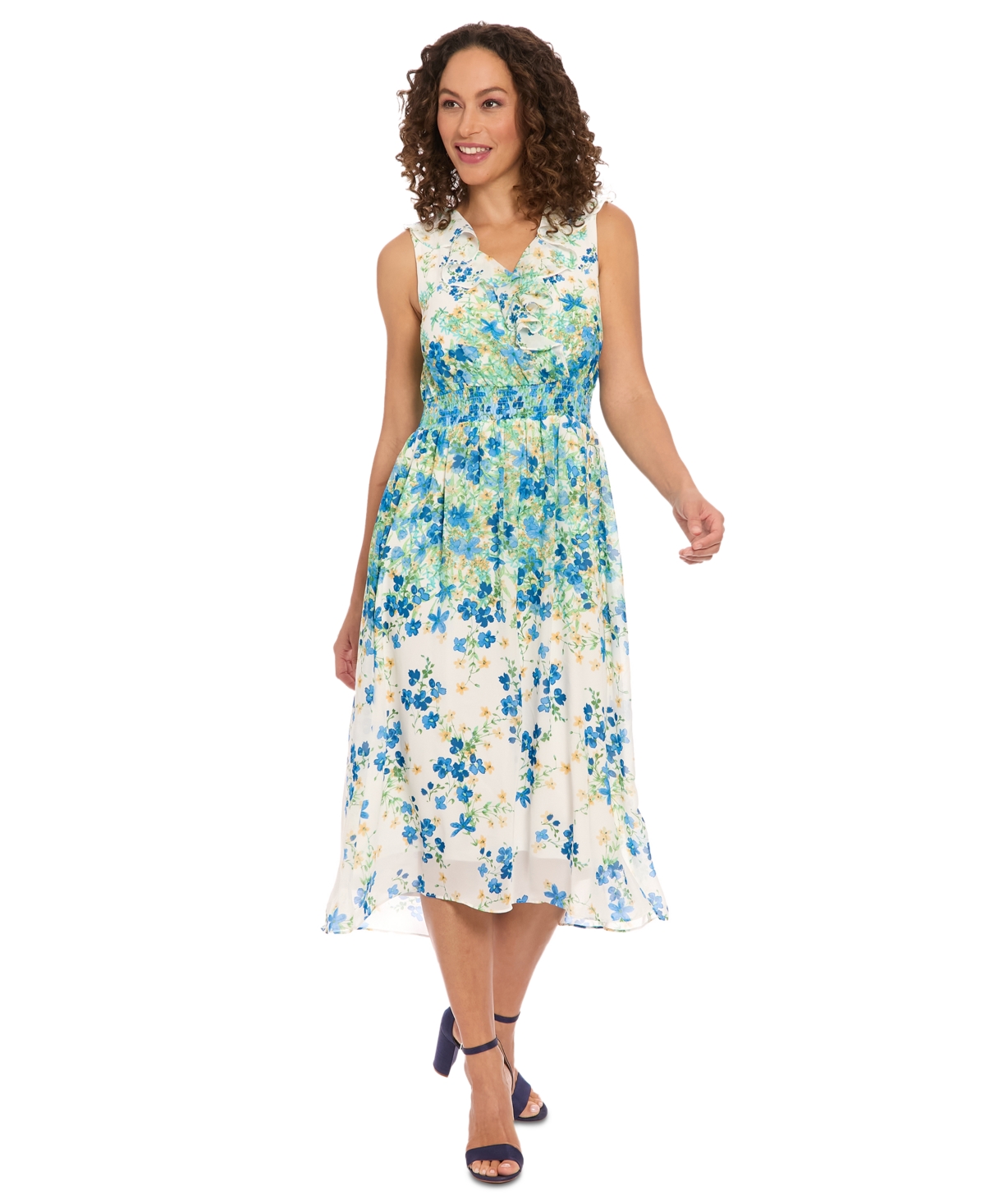 Women's V-Neck Sleeveless Smocked-Waist Dress - White/blue
