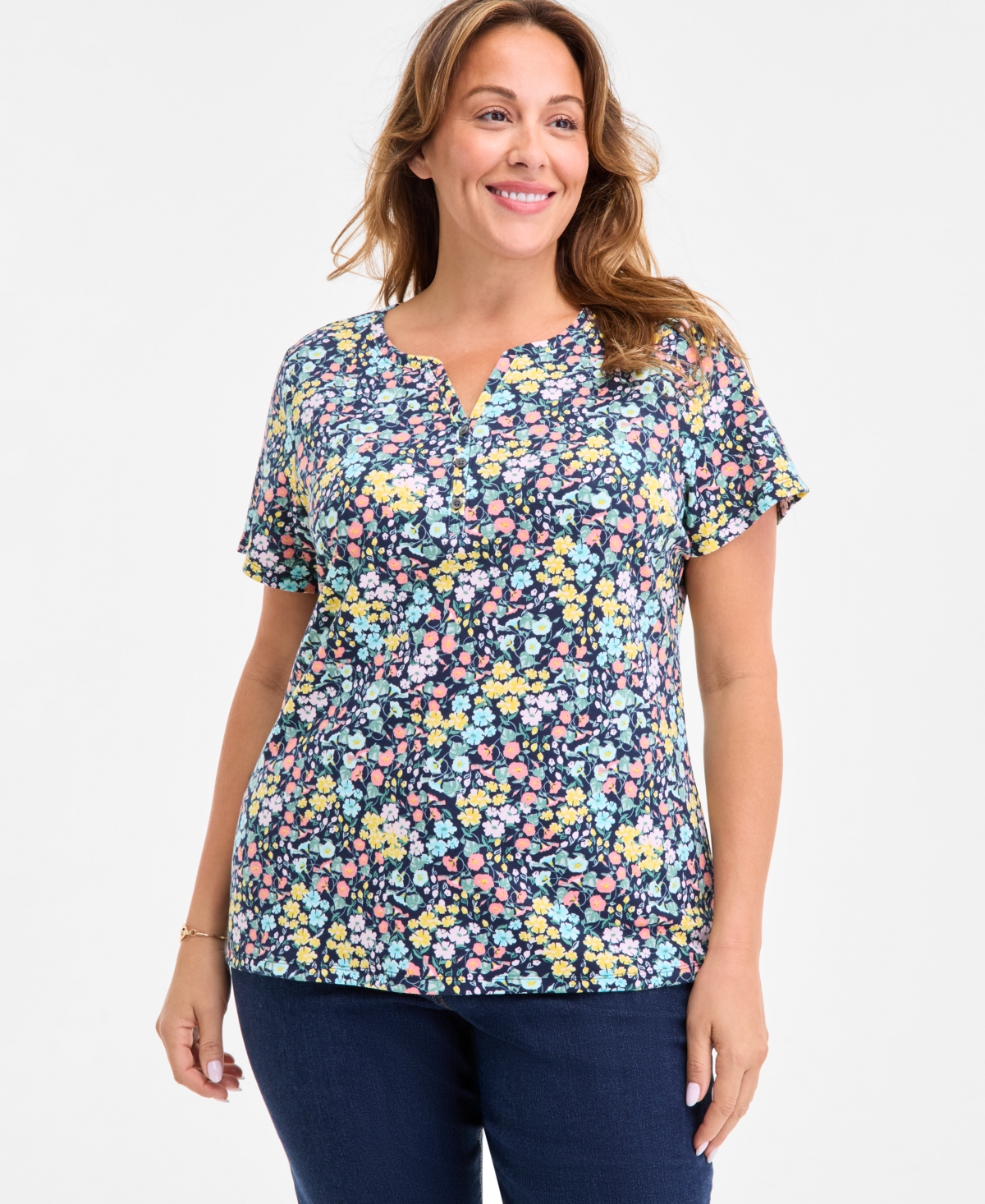 Style & Co Plus Size Printed Henley Short-sleeve Top, Exclusively At Macy's