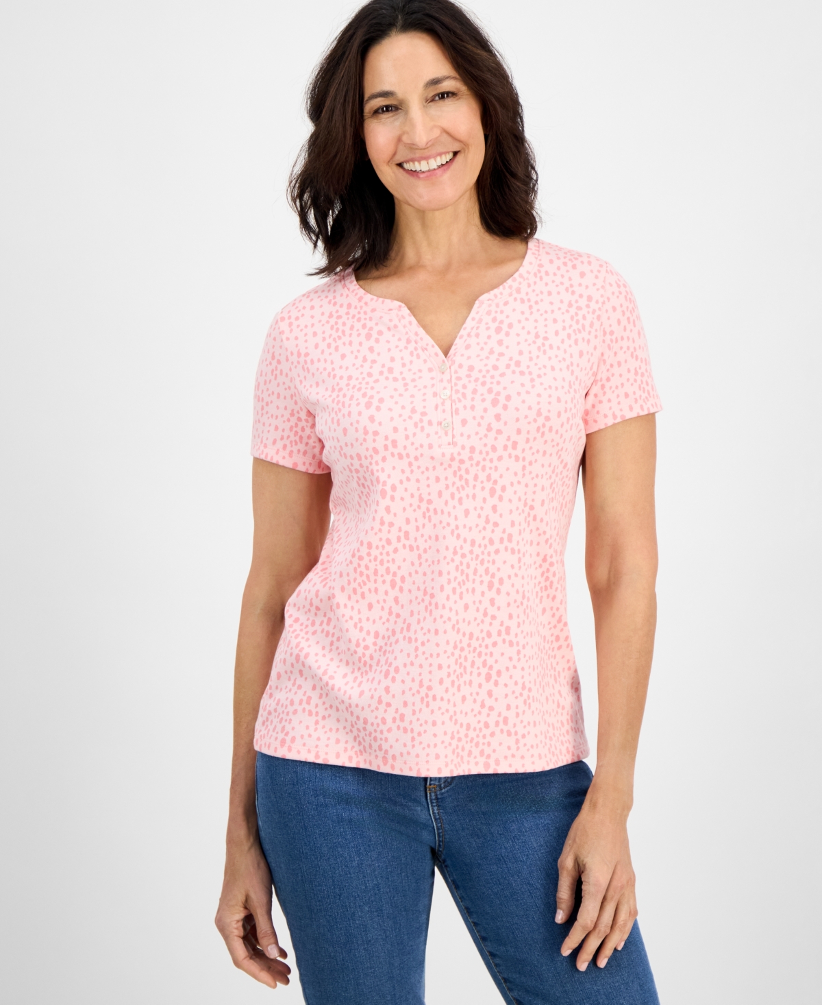 Petite Short-Sleeve Knit Henley, Exclusively at Macy's - Indsutrial Blue Combo