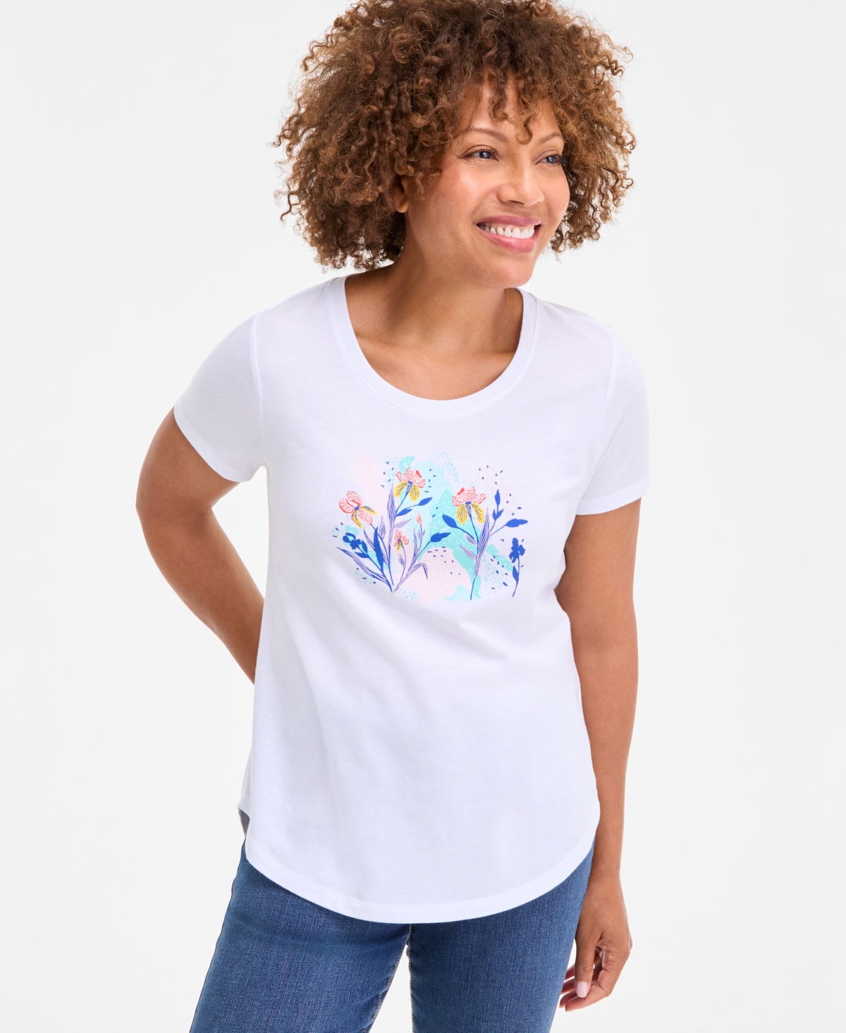 Style & Co Women's Iris Graphic Crewneck Short-sleeve T-shirt, Exclusively At Macy's In White