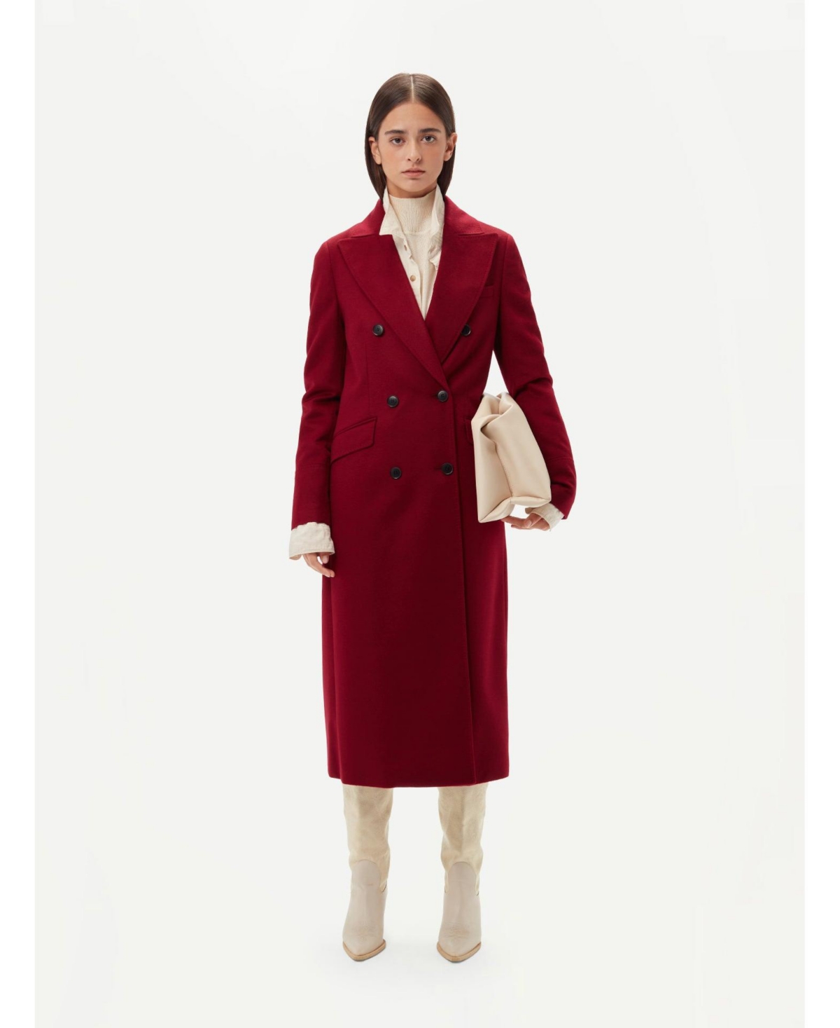 Women's Cashmere Peak Lapel Long Coat - Red-tawny port