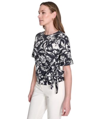 売れ筋商品|||トミー ヒルフィガー カットソー トップス レディース Women's Floral Tie-Waist Short-Sleeve Top Midnight/ Ivory Tommy Hilfiger Women's Floral Tie-Waist Short-Sleeve Top