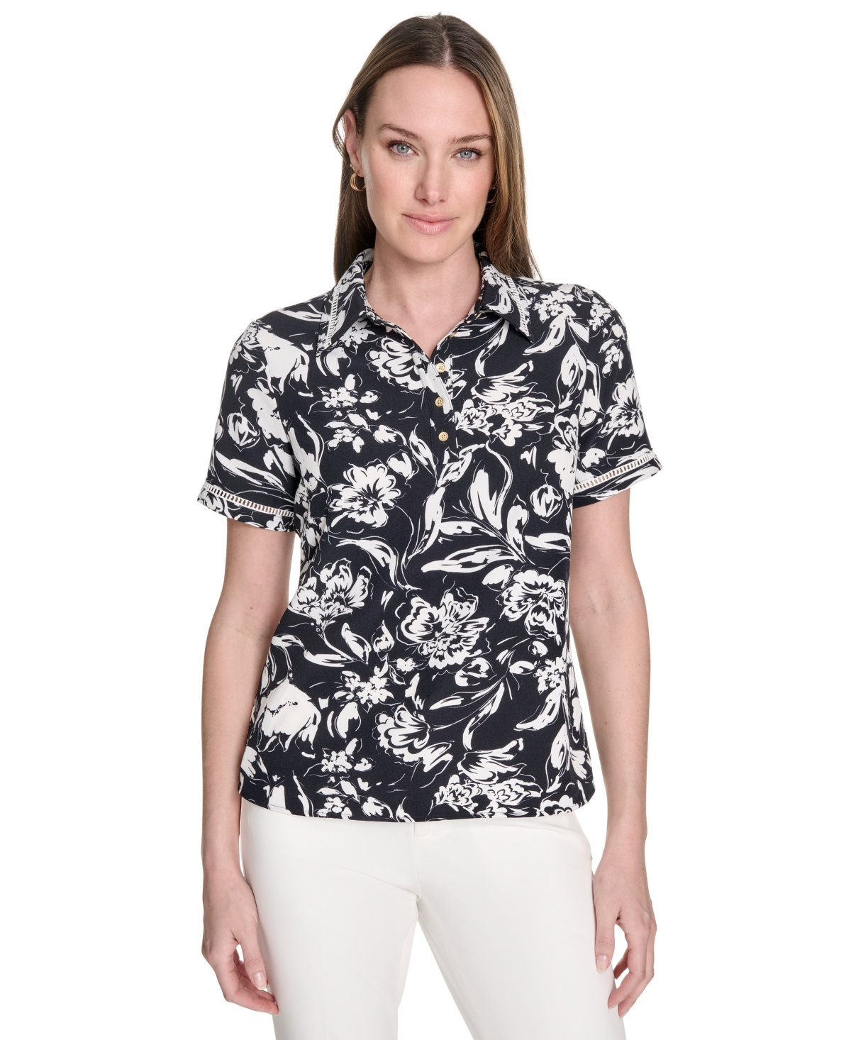 Tommy Hilfiger Women's Floral-print Short-sleeve Polo Shirt