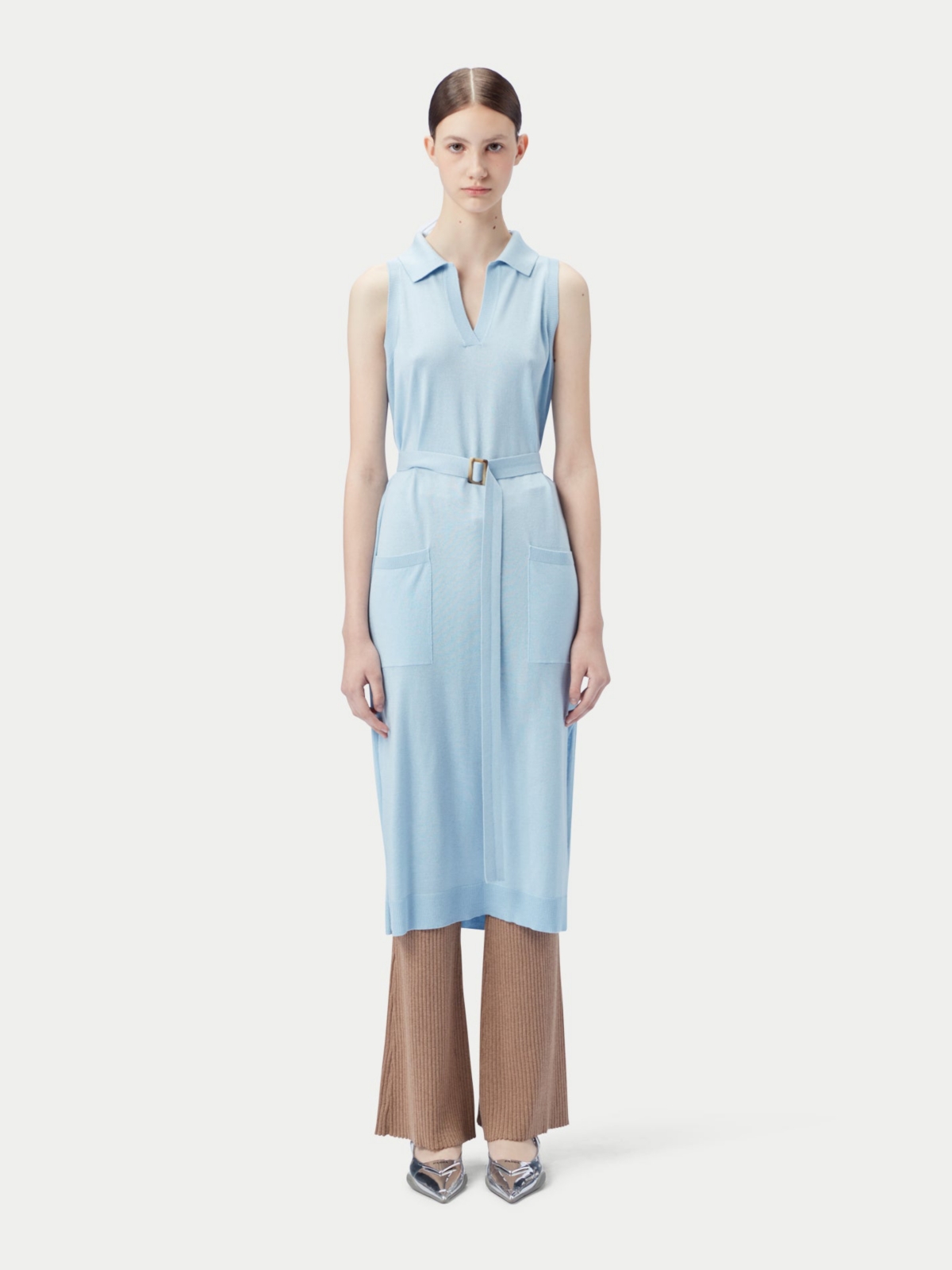 Women's Sleeveless Silk Cashmere Polo Dress - Blue-powder blue