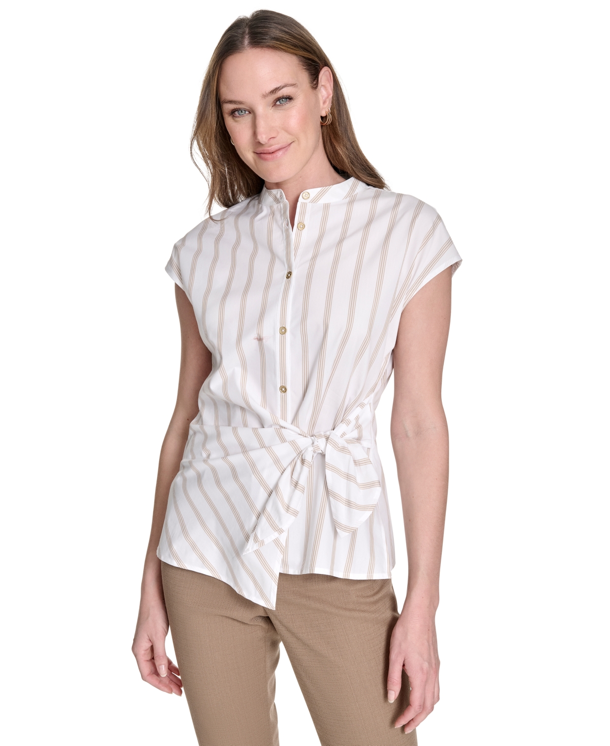 Women's Striped Side-Tie Cap-Sleeve Blouse - Tannin/ Bright White