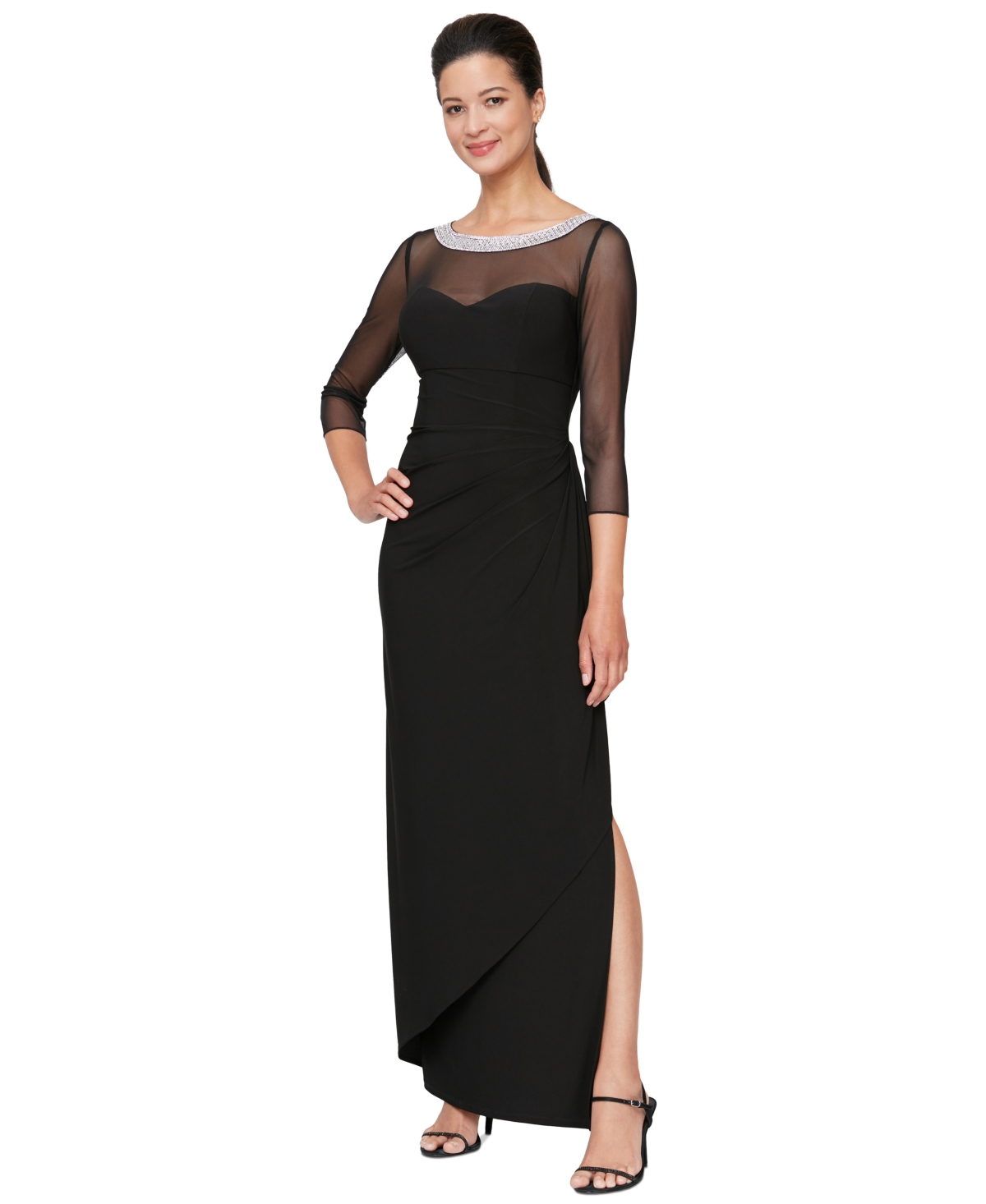 Women's Embellished-Neck Side-Ruched Illusion Dress - Wedgewood