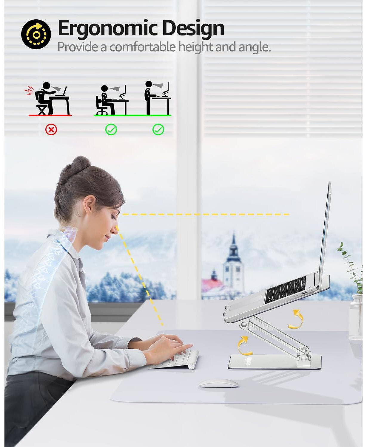 Ergonomic Laptop Stand & Adjustable Aluminum Riser | Desk Computer Holder for 10-16" Laptops (MacBook Pro/Air/Dell/HP) | Portable Foldable Design