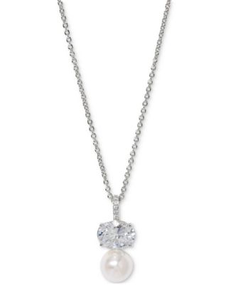 Cubic Zirconia & Imitation Pearl Pendant Necklace, 16" + 2" extender