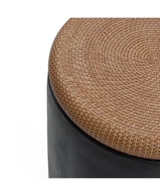 Outdoor Accent Side Table, 18'' Black with Natural Rattan Finish Cement Patio End Table, U-Shaped Base Plant Stand for Patio Backyard, Outdoor Furniture for Lawn Balcony Porch