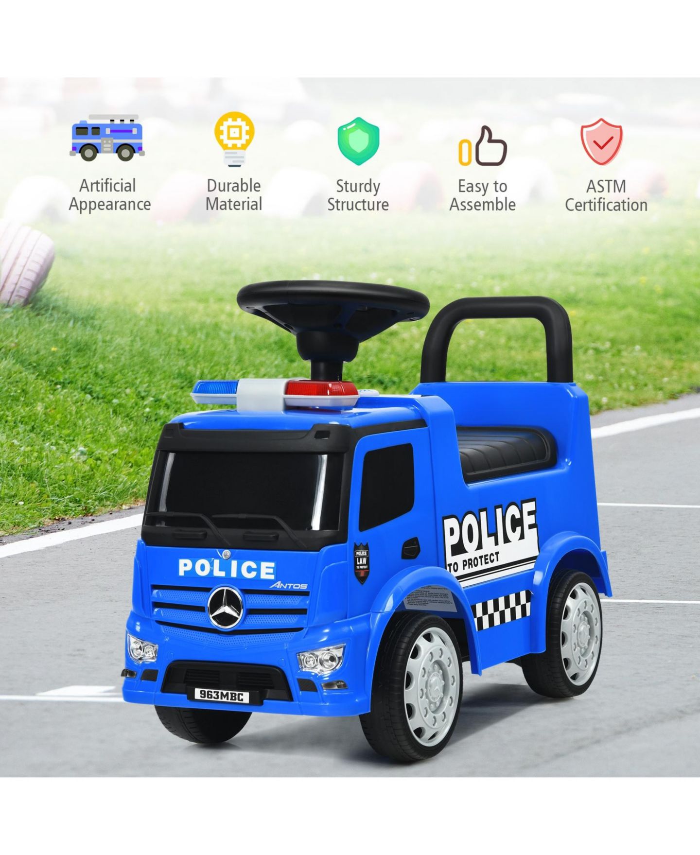Детская игрушка HONGGE Mercedes-Benz Licensed Ride-On Push Police Car with Horn and Siren Sounds, Ages 12-36 Months, цвет: Синий — фото 5