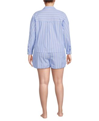 Plus Size Cotton Poplin 2 Piece Pajama Set - Long Sleeve Top and Shorts with Piping