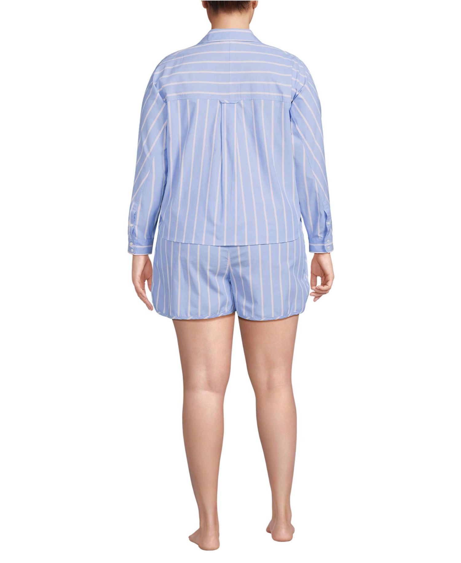 Plus Size Cotton Poplin 2 Piece Pajama Set - Long Sleeve Top and Shorts with Piping