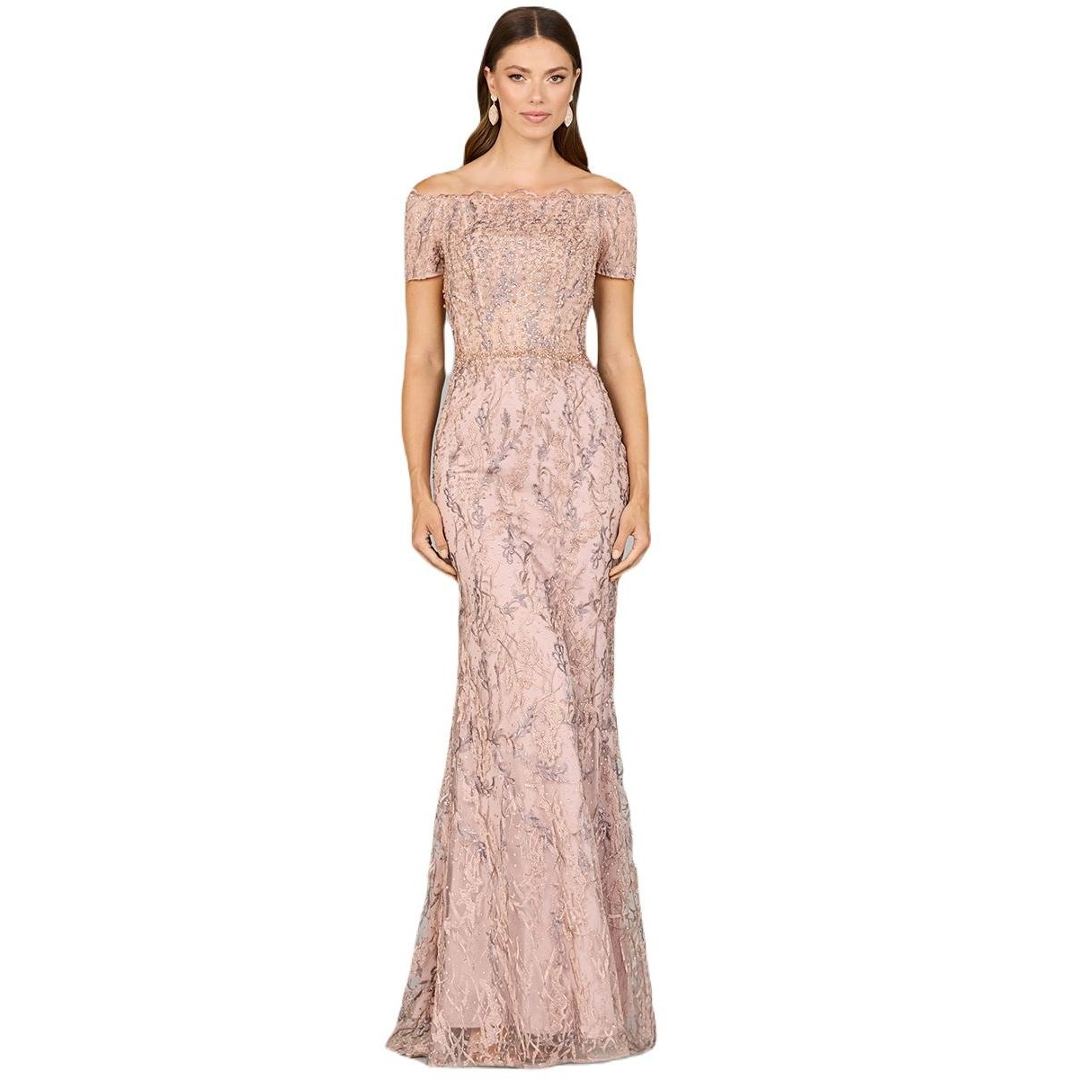 Women's Off Shoulder Mermaid Gown with Short Sleeves - Blush