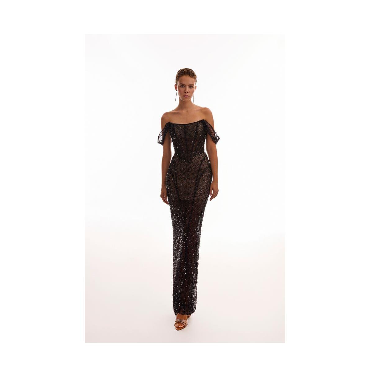Women's Striking black sequined fitted maxi dress - Black