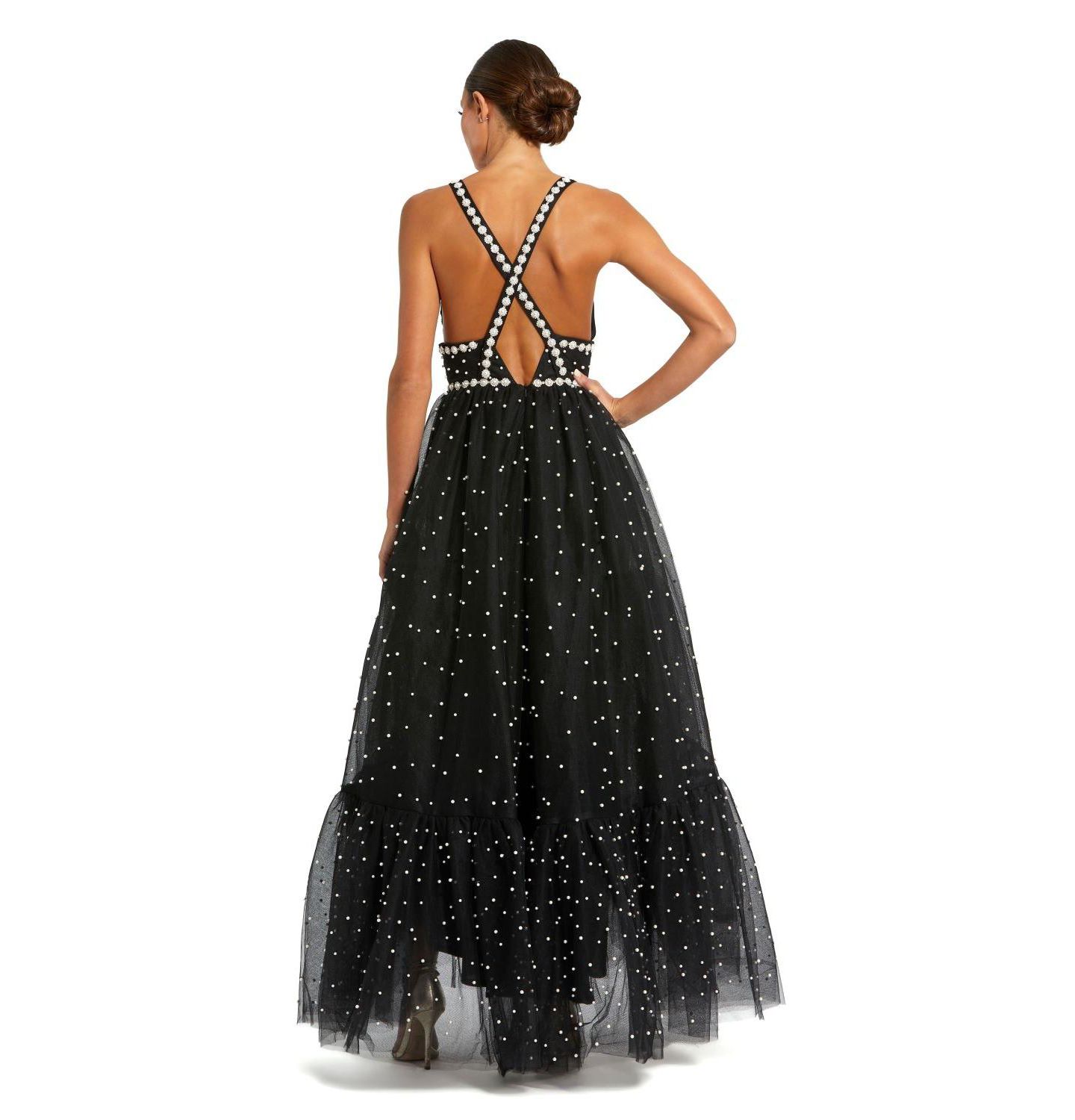 Женское платье Mac Duggal Pearl Beaded High Low Gown, цвет: Чёрная слоновая кость — фото 2