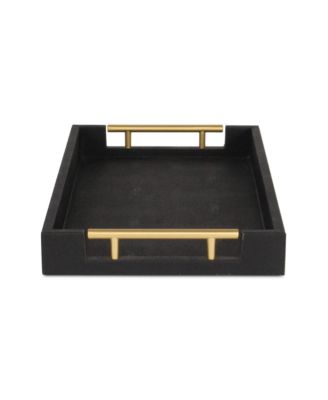 Wood and Vinyl Faux Shagreen Serving Tray with Handles for Dining and Decor