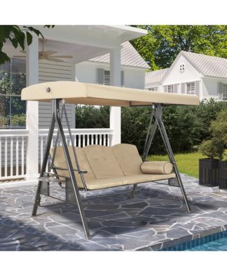 Steel 3 Person Patio Swing Chair Swinging Outdoor Chair with Removable Mat, Cushion and Convertible Canopy, Navy Blue