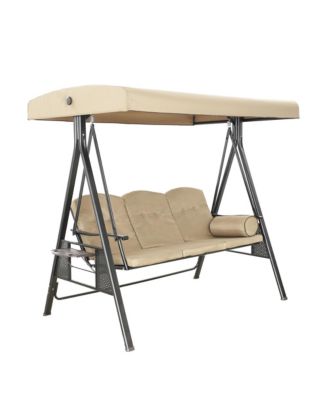 Steel 3 Person Patio Swing Chair Swinging Outdoor Chair with Removable Mat, Cushion and Convertible Canopy, Navy Blue