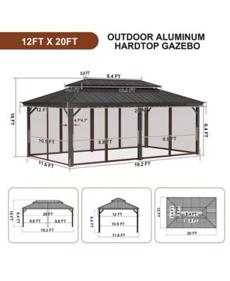 12x20 FT Hard Top Metal Gazebo Patio Double Roof Canopy Aluminum Frame Gazebo with Netting Tent Curtains