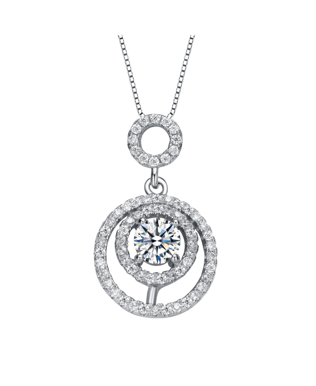 White Gold Plated with Double Halo Drop Solitaire Pendant Necklace - Silver