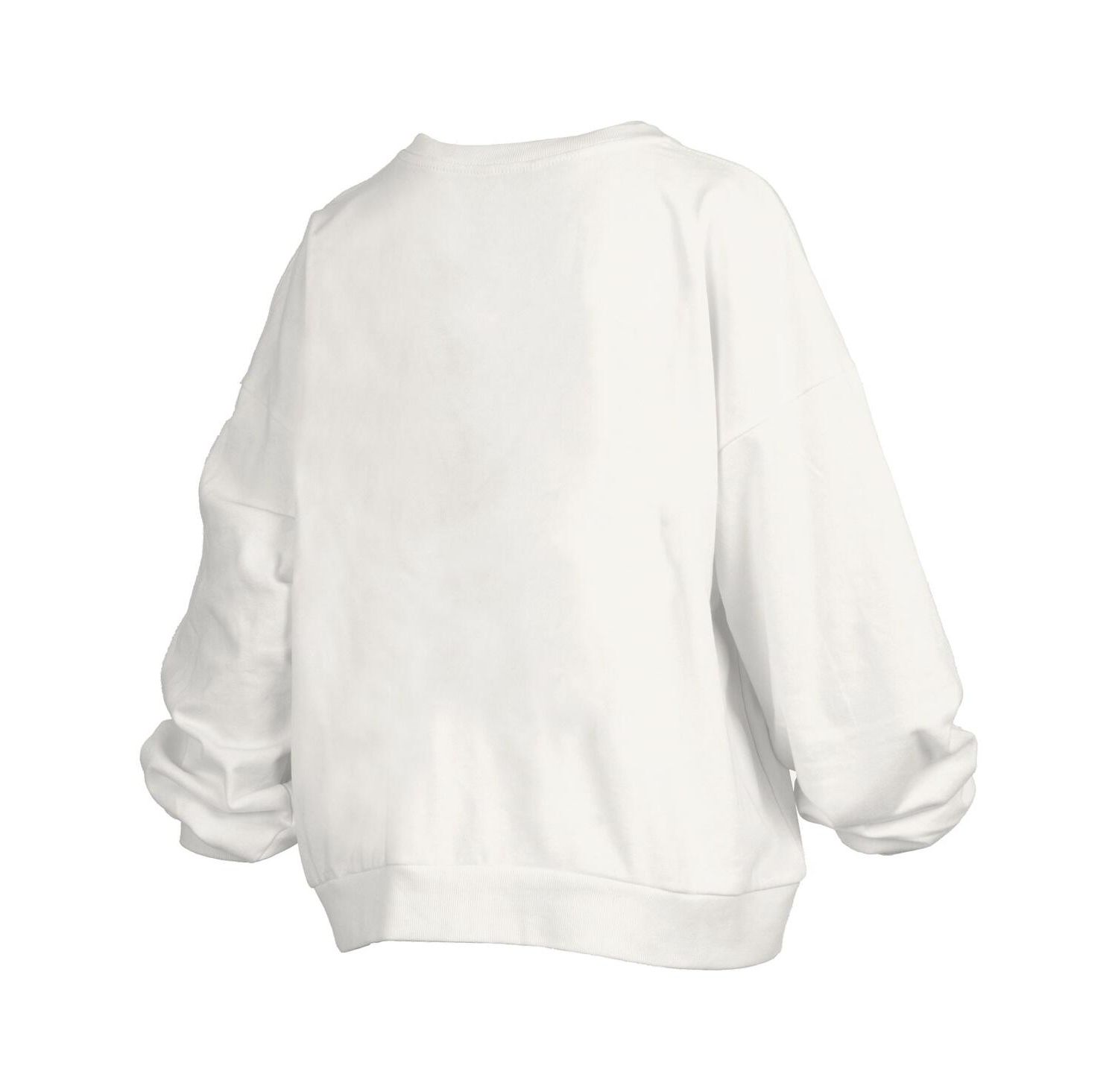 Women's White Michigan Wolverines Janise Arch Over Logo Waist Length Oversized Pullover Sweatshirt