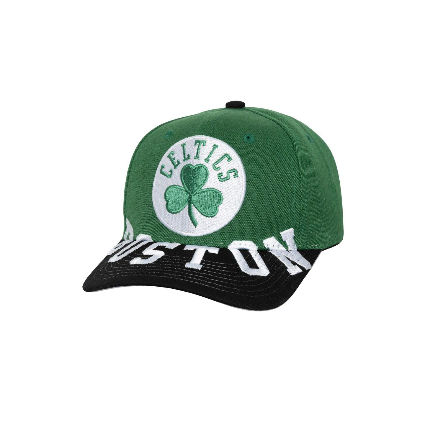Мужская кепка Mitchell & Ness Kelly Green/Black Boston Celtics Under Arch Two-Tone Pro Crown Snapback Hat — фото 1